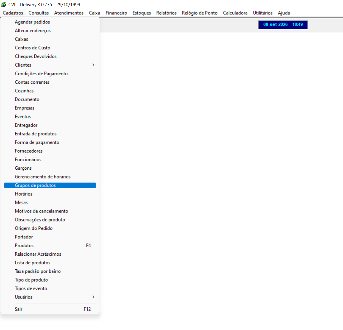 Menu de cadastros aberto para acessar o cadastro de grupos de produtos.