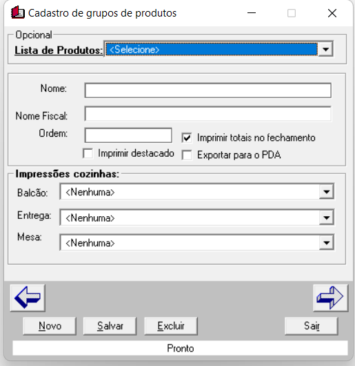 Tela para preencher o nome, nome fiscal e ordem de um grupo de produtos.