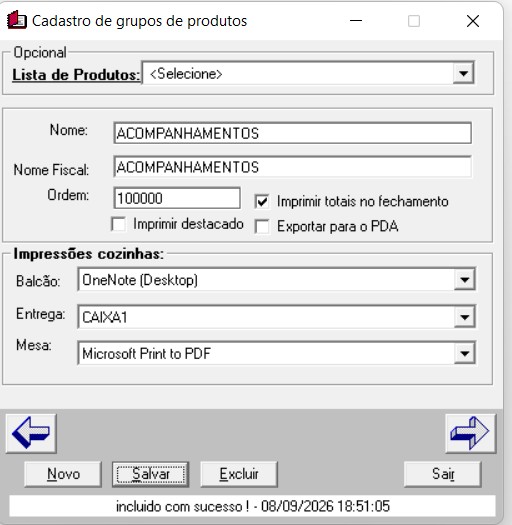 Configuração de impressoras por modalidade de venda e botão Salvar.