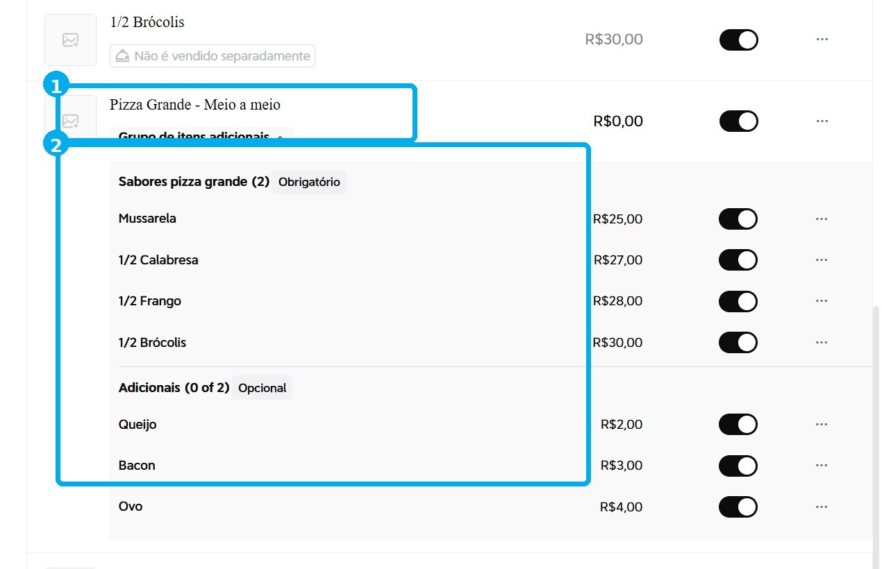 Item pai de pizza no 99 Food com grupos de sabores e adicionais.