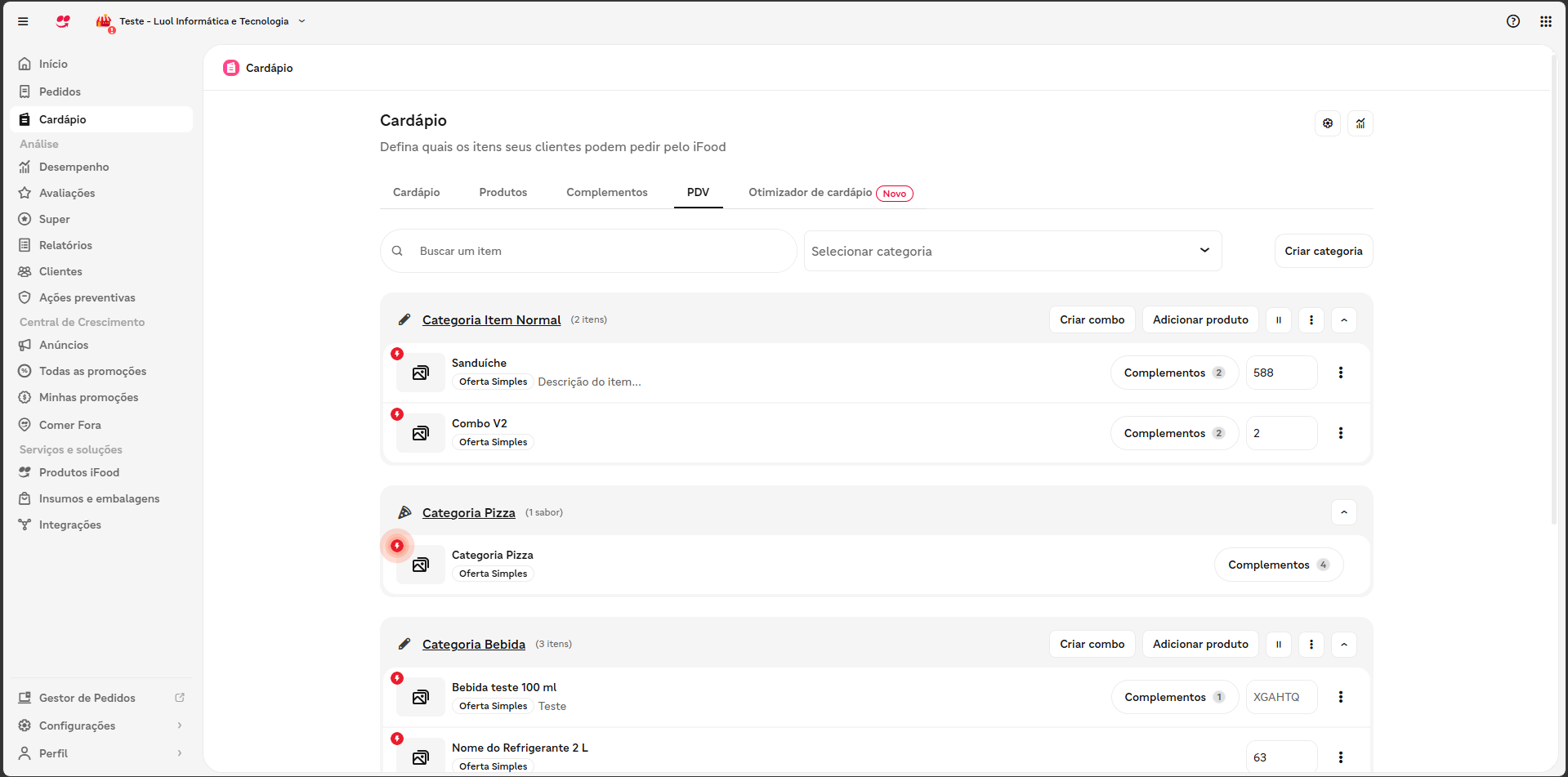 Aba PDV do cardápio do iFood onde os códigos são configurados.