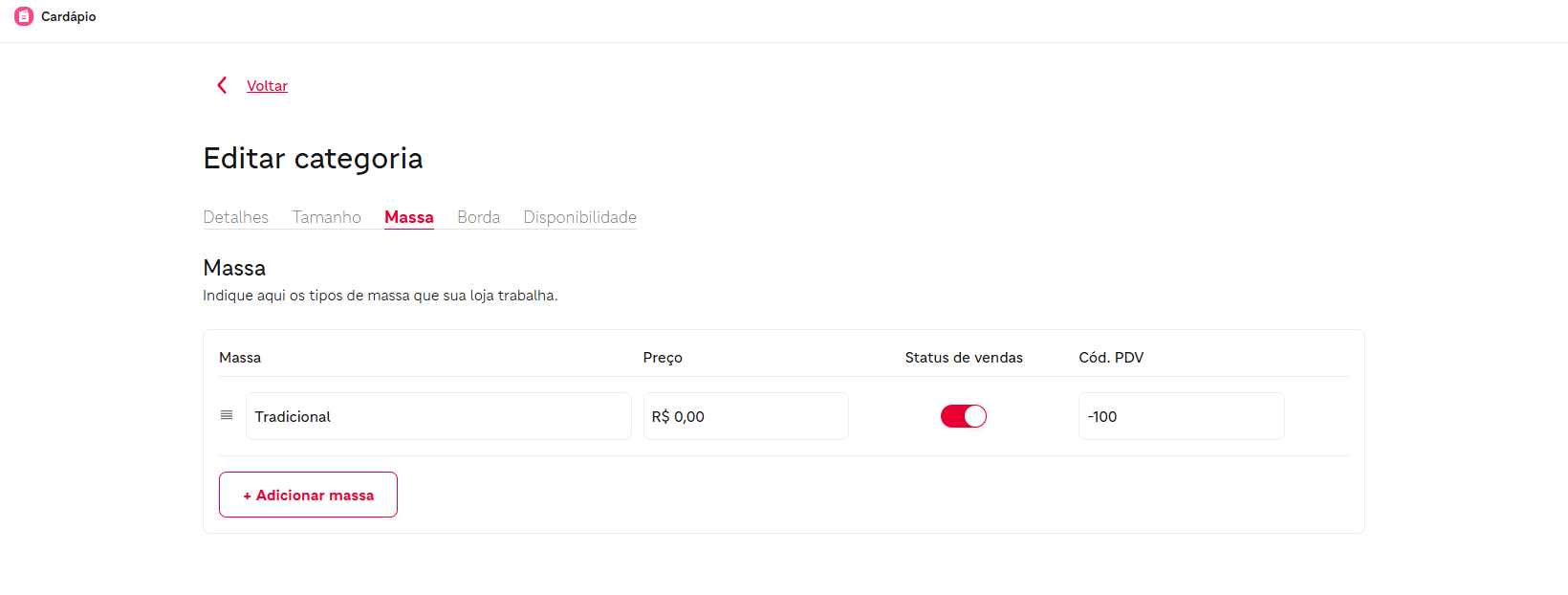 Categoria de pizza aberta para edição no cardápio do iFood.