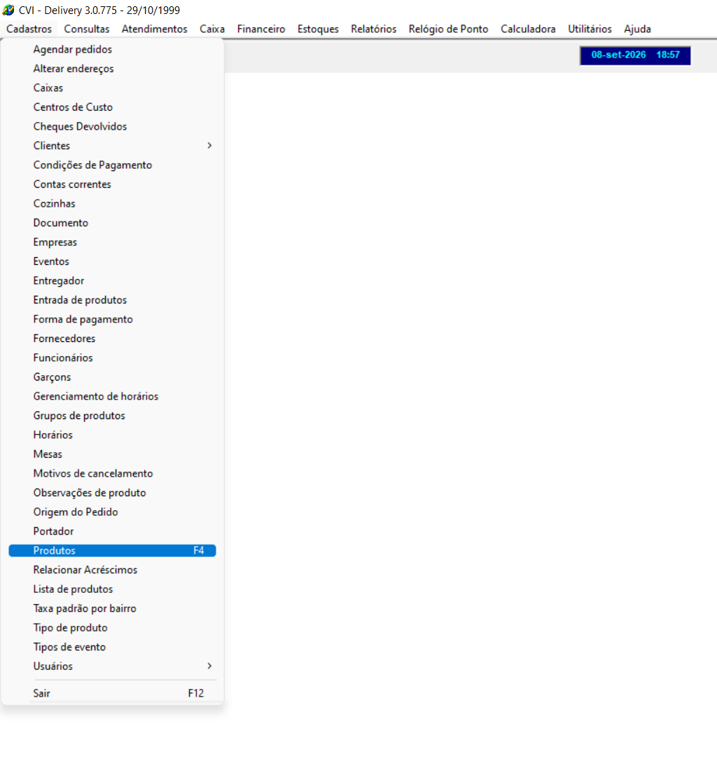 Menu do sistema aberto para acessar a opção de mudança de preço.