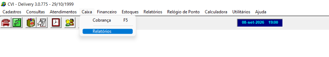 Menu do sistema aberto para acessar o relatório de fechamento de caixa.